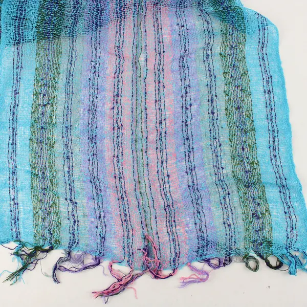 Multicolor Striped Openwork Knit Fringe Scarf 18"x66"