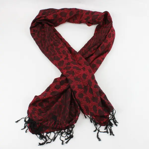 Red and Black Leopard Print Fringe Scarf Wrap 28"x67"