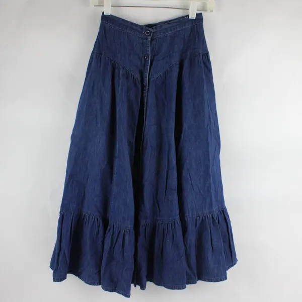 Vintage Glenora Women's 22" Waist 100% Cotton Dark Denim Button Up Maxi Skirt
