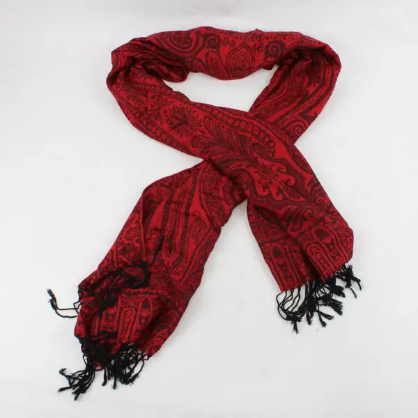 Red and Black Floral Paisley Fringe Scarf Wrap 26"x66"