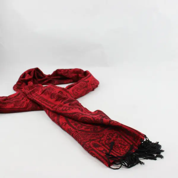 Red and Black Floral Paisley Fringe Scarf Wrap 26"x66"