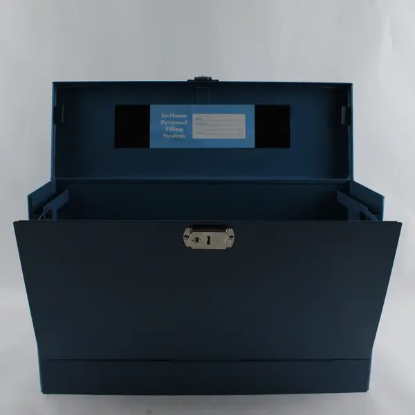 Vintage Blue Metal In-Home Personal Filing System Box UNLOCKED NO KEY