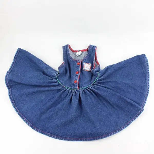 Vintage Oshkosh Girls Size 4 Dark Wash Denim/Red Plaid Trim Overall Dress