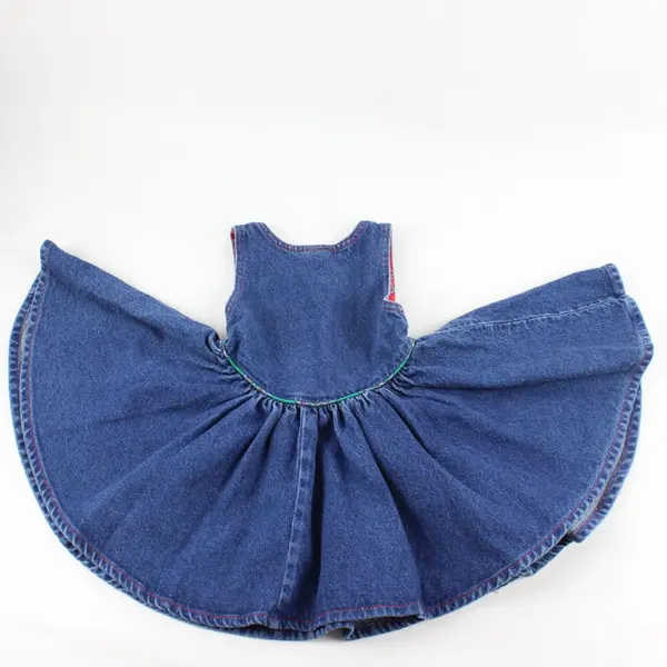 Vintage Oshkosh Girls Size 4 Dark Wash Denim/Red Plaid Trim Overall Dress