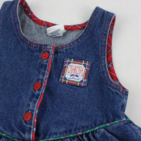 Vintage Oshkosh Girls Size 4 Dark Wash Denim/Red Plaid Trim Overall Dress