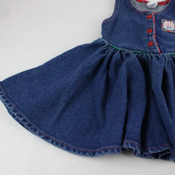 Vintage Oshkosh Girls Size 4 Dark Wash Denim/Red Plaid Trim Overall Dress