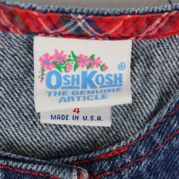 Vintage Oshkosh Girls Size 4 Dark Wash Denim/Red Plaid Trim Overall Dress