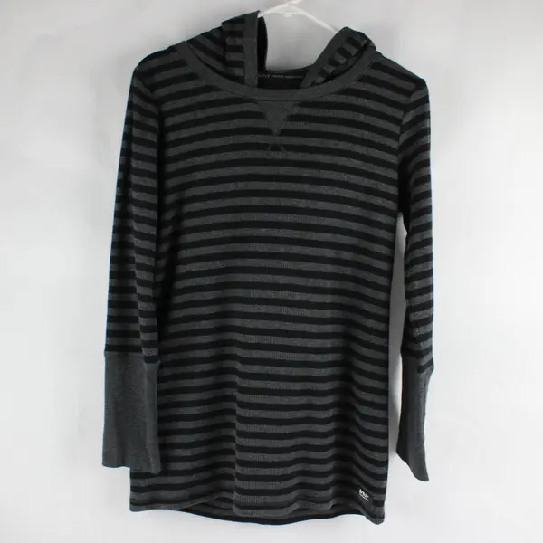 Marc New York Gray and Black Striped Hooded Waffle Knit Top Women's Medium