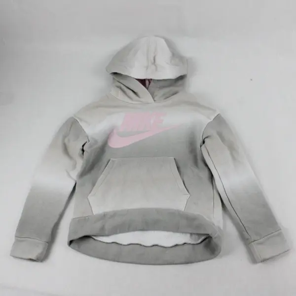 Nike Girls Hoodie 6 (M) Gray Pink Swoosh Pullover Sweatshirt Youth