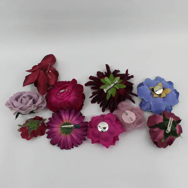 Lot of 10 Artificial Flower Hair Clips Brooches Mixed Colors Floral