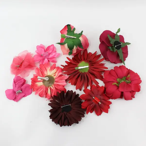 Lot of 10 Red Pink Artificial Flower Clips and Brooches
