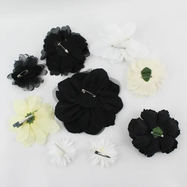 Lot of 9 Artificial Flower Hair Clips Brooch Pins Black White Ivory