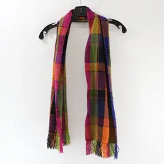 Women Multicolor Plaid Fringe Scarf 10.5x56 Woven