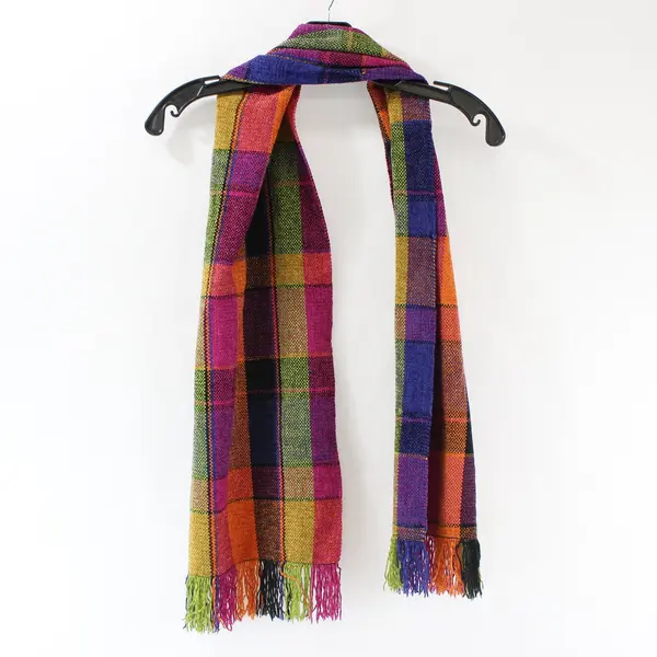 Women Multicolor Plaid Fringe Scarf 10.5x56 Woven