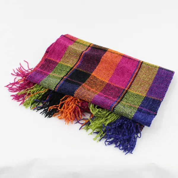 Women Multicolor Plaid Fringe Scarf 10.5x56 Woven