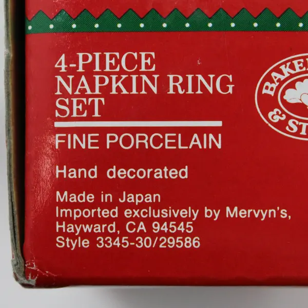 Vintage Baker, Hart & Stuart Fine Porcelain Christmas 4-Pc. Napkin Ring Set