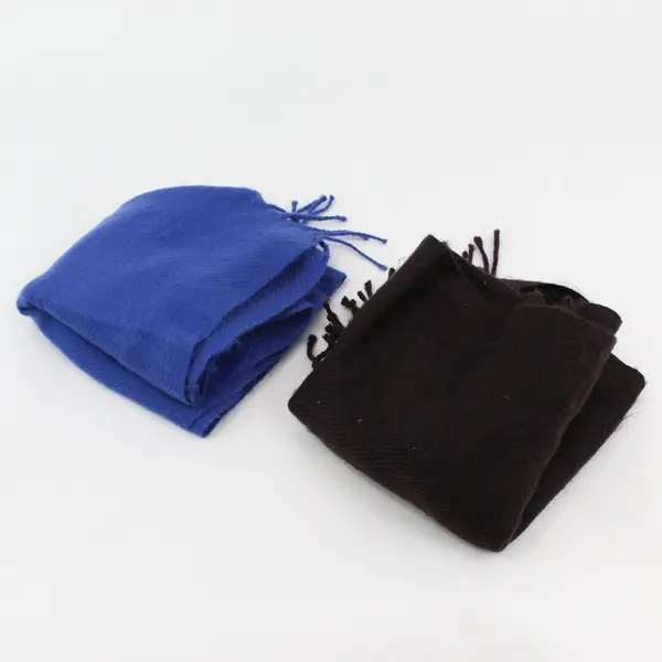 Lot of 2 Solid Color Fringe Winter Scarves Brown Blue