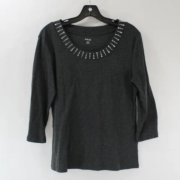 Style & Co. Bedazzled Gray 3/4-Sleeve Top Women's Petite Large
