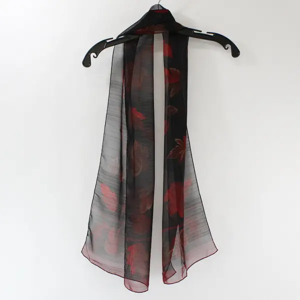 Sheer Red and Black Maple Leaf Print Scarf 13"x58"