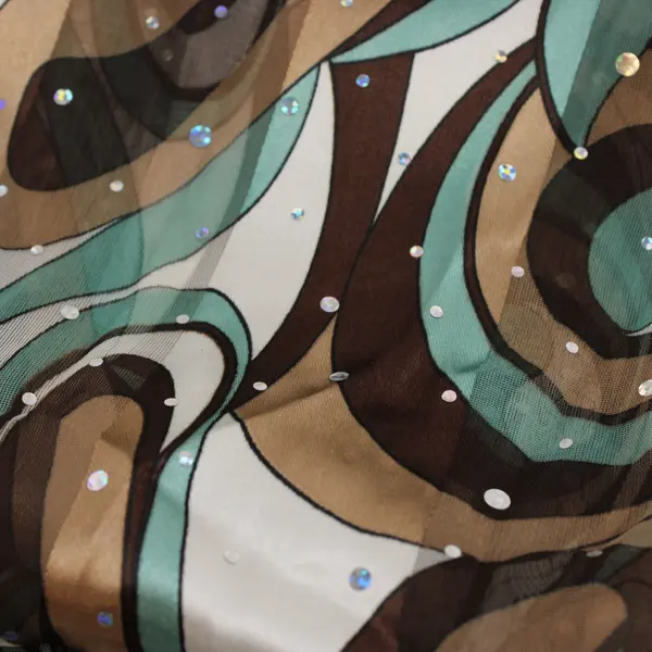 Sheer Brown and Teal Swirl Pattern Sequined Scarf 13"x58"