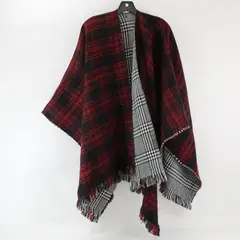 Reversible White Red Black Plaid Fringe Knit Shawl One Size