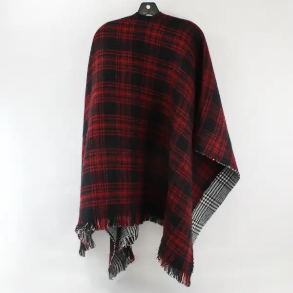 Reversible White Red Black Plaid Fringe Knit Shawl One Size