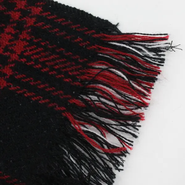 Reversible White Red Black Plaid Fringe Knit Shawl One Size