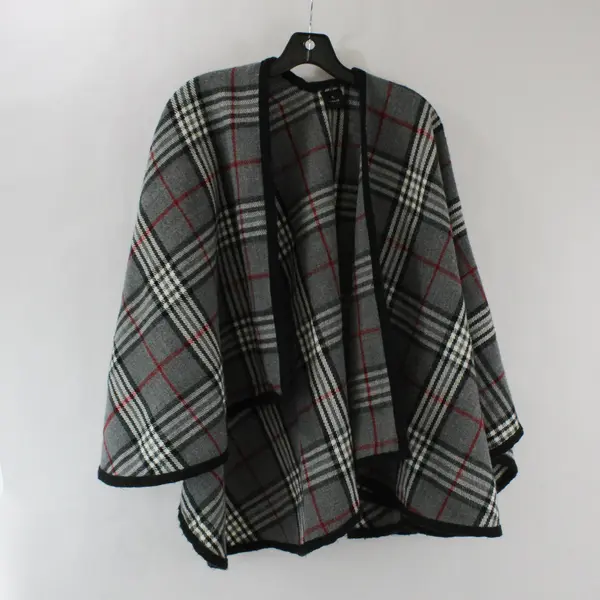 V. Fraas Black White and Red Plaid Acrylic Shawl One Size