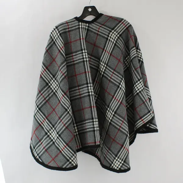 V. Fraas Black White and Red Plaid Acrylic Shawl One Size