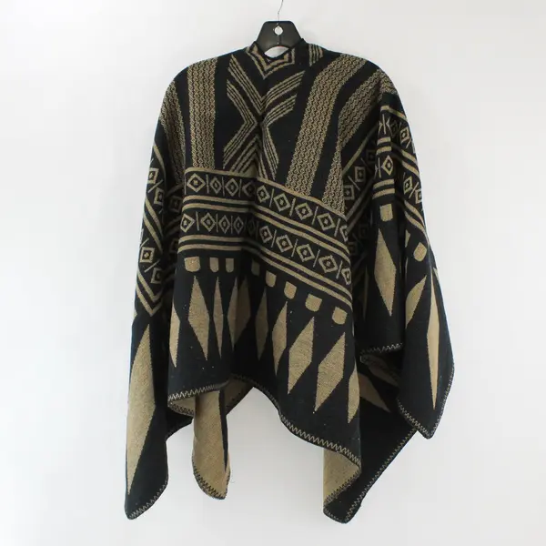 Reversible Black and Brown Southwestern Pattern Boho Knit Shawl