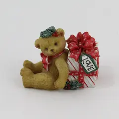 Enesco Cherished Teddies Bear Sitting By A Red And White Wrapped Christmas Gift 