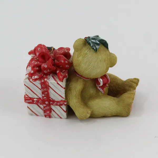 Enesco Cherished Teddies Bear Sitting By A Red And White Wrapped Christmas Gift 