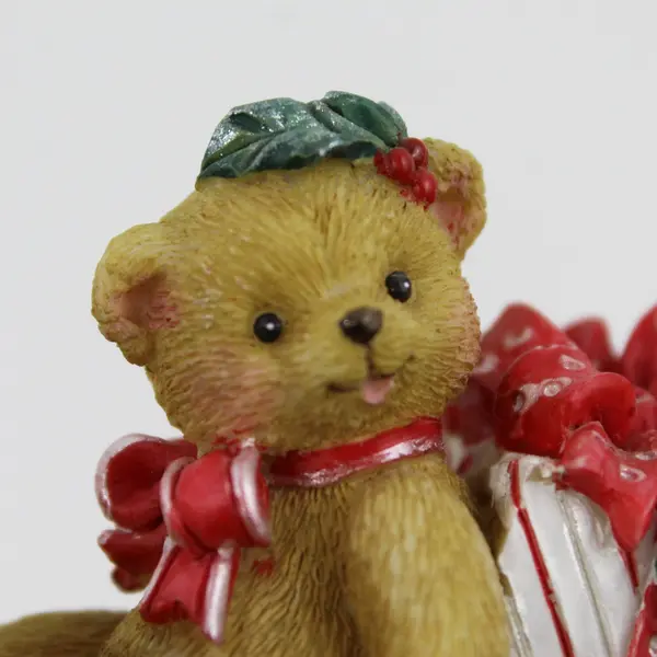 Enesco Cherished Teddies Bear Sitting By A Red And White Wrapped Christmas Gift 