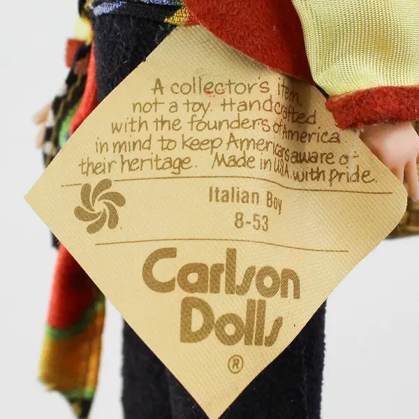 Carlson Dolls Italian Boy Ethnic Doll 8-53 with Red Plastic Heart Stand And Tag