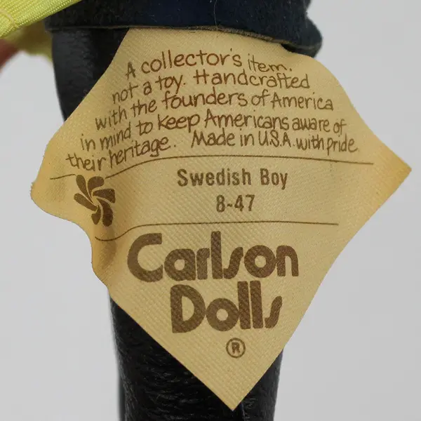 Carlson Dolls Swedish Boy Ethnic Doll 8-47 with Red Plastic Heart Stand And Tag