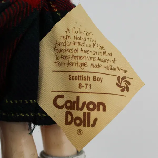 Carlson Dolls Scottish Boy Ethnic Doll 8-71 with Red Plastic Heart Stand And Tag