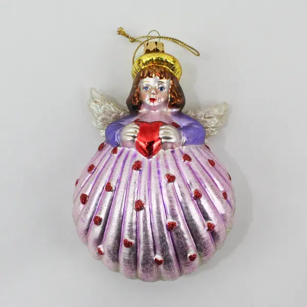 Vintage Angel Clam Shell Hand Painted Ornament - White, Pink, Purple, Red