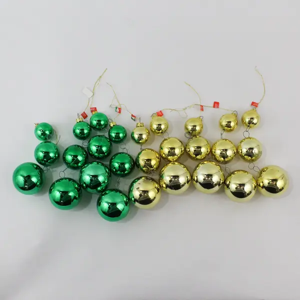 Lot of 6 Vintage Christmas Mornin' Green Gold Glass Bauble Ornaments 18pc 5.5"