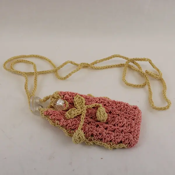 Vintage Handmade Pink Cream Crocheted Crossbody Pouch Small