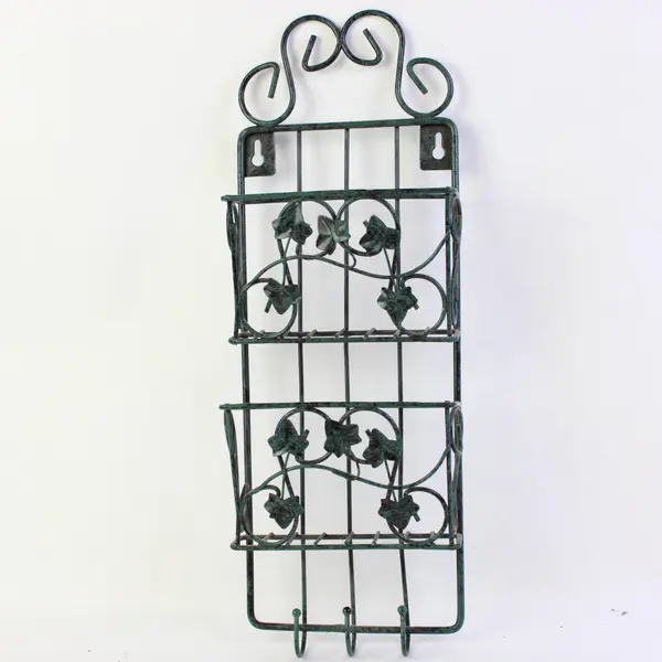 Dark Green Wrought Iron Wall Organizer 2 Shelves 3 Hooks Ivy Decor