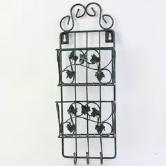 Dark Green Wrought Iron Wall Organizer 2 Shelves 3 Hooks Ivy Decor