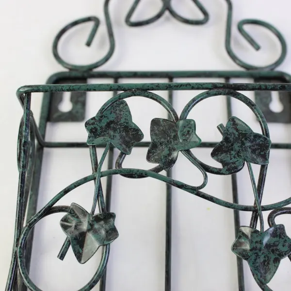 Dark Green Wrought Iron Wall Organizer 2 Shelves 3 Hooks Ivy Decor