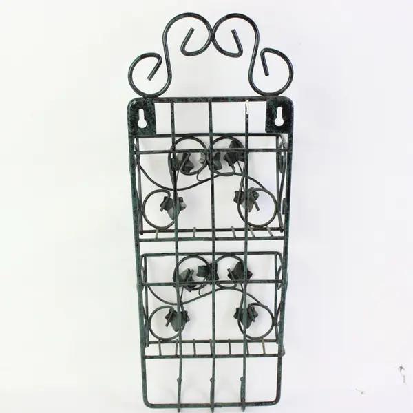 Dark Green Wrought Iron Wall Organizer 2 Shelves 3 Hooks Ivy Decor