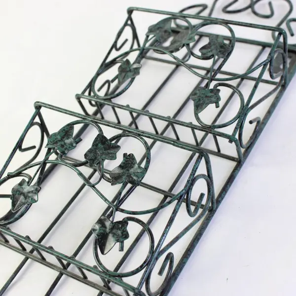 Dark Green Wrought Iron Wall Organizer 2 Shelves 3 Hooks Ivy Decor