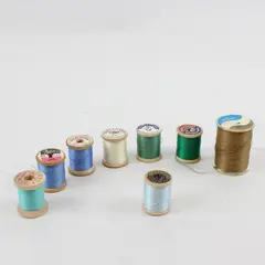 Lot of 8 Sewing Thread Spools Assorted Colors Blue Green Tan Off White
