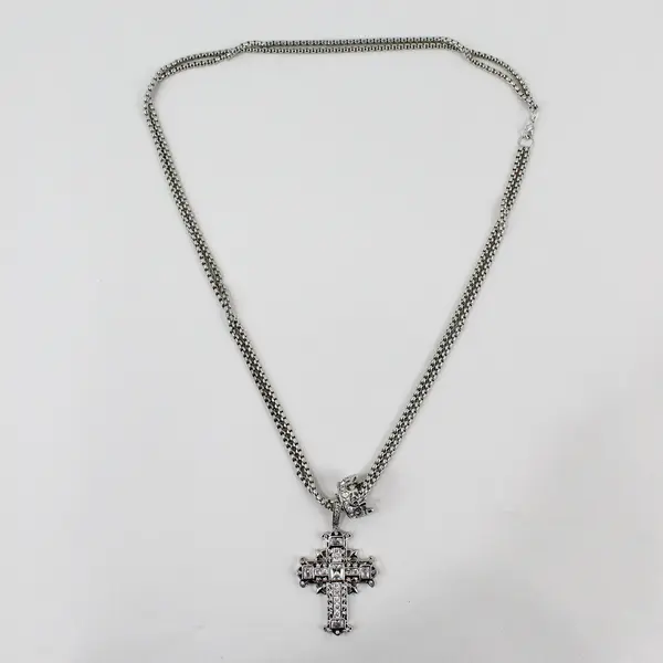 Silver-Tone Cross and Crown Pendants Round Box Chain Necklace 30"
