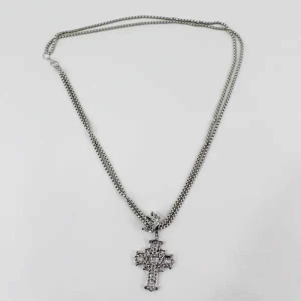 Silver-Tone Cross and Crown Pendants Round Box Chain Necklace 30"