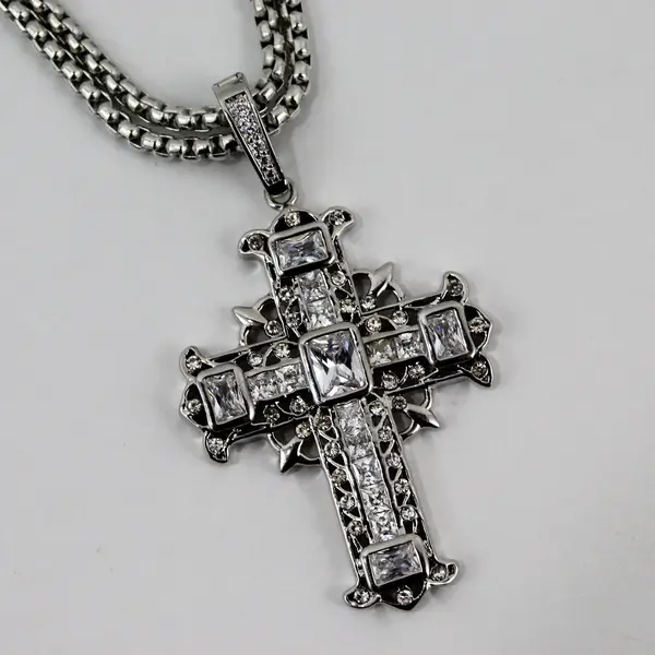 Silver-Tone Cross and Crown Pendants Round Box Chain Necklace 30"