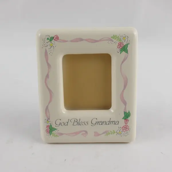 Vintage Ceramic Picture Square Frame Flower "God Bless Grandma" 3x3.5