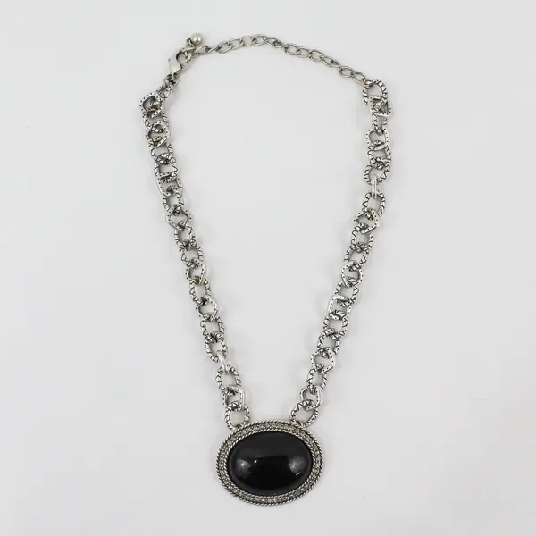 Chico's Black Cabochon Silver-Tone Chain Link Statement Necklace 20"